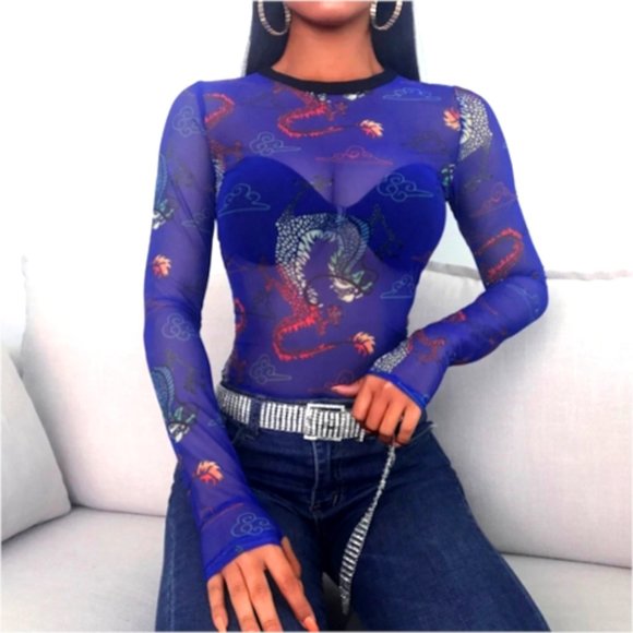 Mesh Dragon Long Sleeve Print 90s y2k style Top - Picture 4 of 14